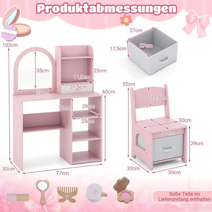 Детский туалетный столик Dreamade для девочек с LED-подсветкой, принцесса, деревянный, с полками и 5 ящиками, белый (с полками, розовый)