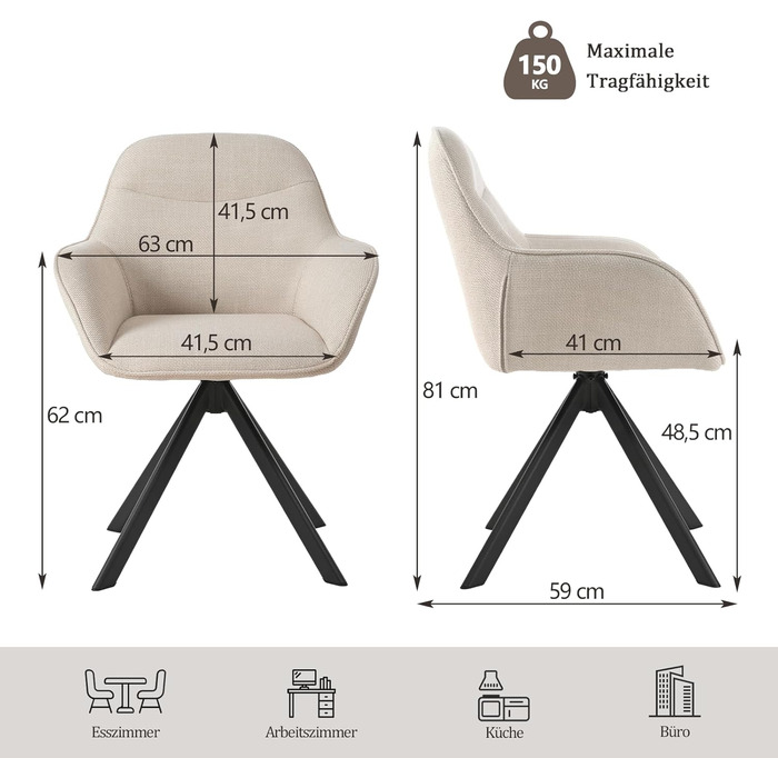 Обідній крісло для кухні/офісу, бежевий, з підлокітниками, 6 шт. в наборі, з металевим каркасом та м'яким сидінням з поліестеру