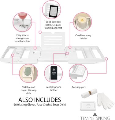 Підставка для ванни Temple Spring з дерева, дерев'яна підставка для ванни, дерев'яне підношення для ванни, аксесуари для ванної кімнати, спа-стіл для ванни (білий)