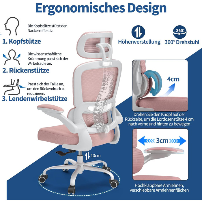 Офісне крісло TRALT Ergonomic - ергономічне крісло з регульованою підтримкою попереку та підголівником, ігрове крісло, крісло для дому, офісу, для великих людей (Рожеве)