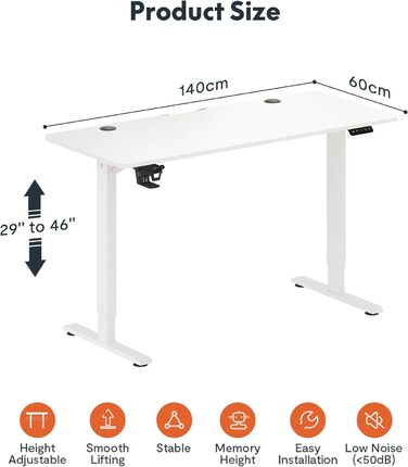 Електричний стіл 110 х 60 см зі стільницею (з гачком/тримачем для пляшок), стоячий стіл, регульований по висоті стіл зі стільницею, функція пам'яті, для домашнього офісу (140x60см, білий)
