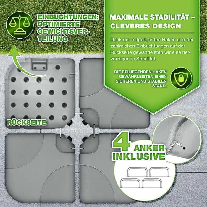 Підставка для парасольки Tillvex® 60 літрів / 80 кг – 4 частини для парасольки-маркетки з металевим з'єднувачем | Заповнюється водою або піском | Погоджуємий стійкий підставник для парасольки-маркетки (Сірий)