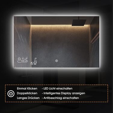 Дзеркало для ванної кімнати LED Byecold з підсвічуванням, 60x80 см, з Wi-Fi, погода та дата, сенсорне управління