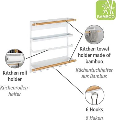 Полиця для кухні WENKO Magna, настінна полиця, вкл. тримач для кухонного рулону, без свердління з магнітом, білий лакований метал і бамбук, 33x34x8см
