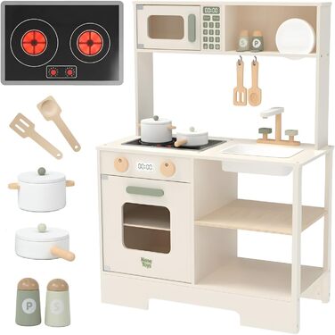 Дерев'яна дитяча кухня Nene Toys – іграшковий кухонний набір з підсвіткою та звуком, мийка, кран, мікрохвильова піч, духовка, полиці, гачки + аксесуари – іграшка Монтессорі від 3 років – подарунок для дівчаток та хлопчиків
