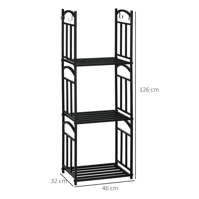 Стильна полиця для дров Outsunny – 46 x 32 x 126 см, 3 яруси, з 4 гачками. Металева, чорного кольору.