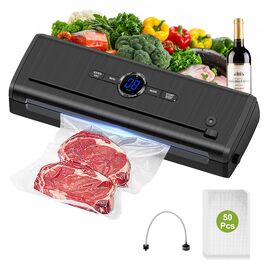 Вакууматор для продуктів 7 в 1, професійний вакуумний пакувальник з подвійним швом, цифровим таймером та різаком, комплект з 50 пакетами (Чорний)