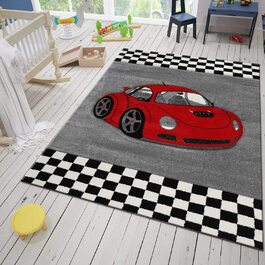 Дитячий килим VIMODA, автомобільний гоночний автомобіль, дитяча ігрова кімната, Сірий, Чорний, червоний, Розміри (80 x 150 см)