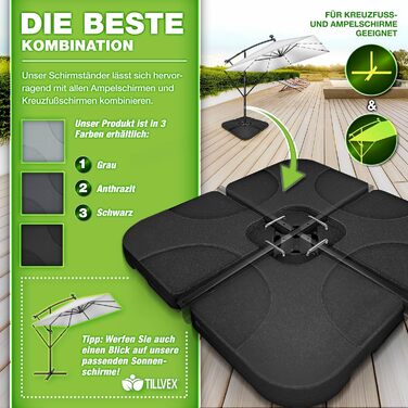 Підставка для парасольки Tillvex® 90 літрів / 120 кг – 4 частини для парасольки-намету з металевим з'єднувачем | Заповнюється водою або піском | Чорна, стійка до погодних умов