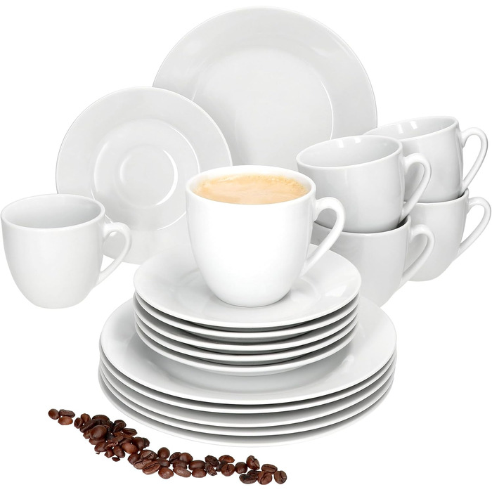 MamboCat Tommy - 18-Piece White Porcelain Coffee Set for 6 People | 6 Cups, Saucers & Plates | Stylish Coffeeware for Breakfast, Coffee, Hotel & Restaurant Use