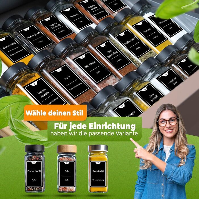 Набір банок для спецій, 24 шт, 125 мл, квадратні, з дозатором та етикетками, з нержавіючої сталі, чорний матовий