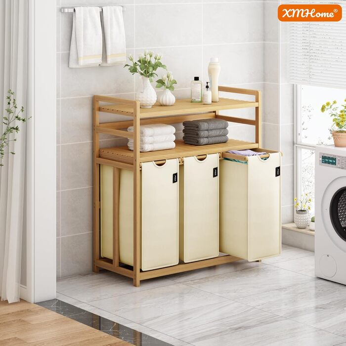 Бамбуковий сортувальник для білизни з 3 відділеннями, 148 літрів, 2 яруси, великий кошик для білизни з знімним мішком, прямокутна коробка для ванної, спальні та пральні, 77.5x41.3x100.5 см, Бежевий