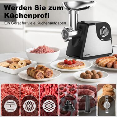 Електрична м'ясоподрібнювач Fleischwolf Juissiart: подрібнювач, фарш, ковбасний насадка, нержавіюча сталь, 3 диски, для кеббе, універсальний