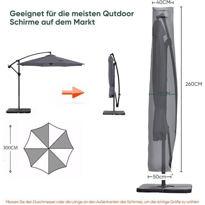 Захисний чохол для парасольки від сонця, сірий, 260x40/70/50 см