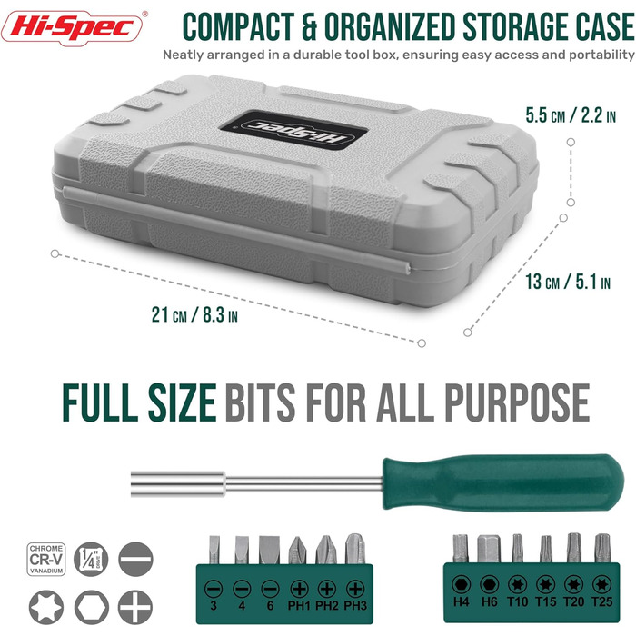 Набір інструментів Hi-Spec 25 предметів зелений компактний для дому та офісу: базовий набір для ремонту в кейсі