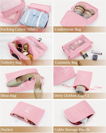 Набір органайзерів для подорожей Anjing (11 предметів), водонепроникні пакувальні куби для валізи, компактний органайзер для одягу в дорогу, рожевий