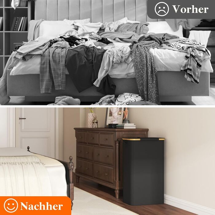 Кошик для білизни LifeWit з кришкою, вузький, складний, 75л, бамбук, з ручкою, чорний