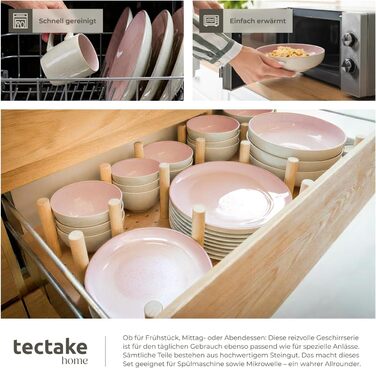 Набір посуду Tectake® 30 предметів для 6 осіб, керамічний посуд, ручної роботи, тарілки, миски та чашки, придатний для миття в посудомийній машині та використання в мікрохвильовій печі - Coral Blush