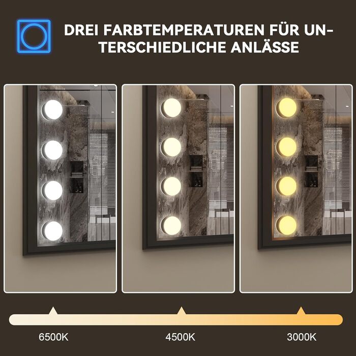 Дзеркало для ванної кімнати YOURLITE з LED-підсвічуванням 100x60 см, сенсорне управління, годинник, антизапотівання, 3 кольори світла, регулювання яскравості, функція пам'яті, білий/чорний