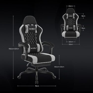 Ігровий крісло WOLTU з масажем, комп'ютерне ергономічне крісло, кишенькові пружинні подушки, поперекова масаж, підголовник, підніжка, поворотне крісло, 150 кг, Рожевий+Білий (Чорний+сірий, сітчаста тканина)