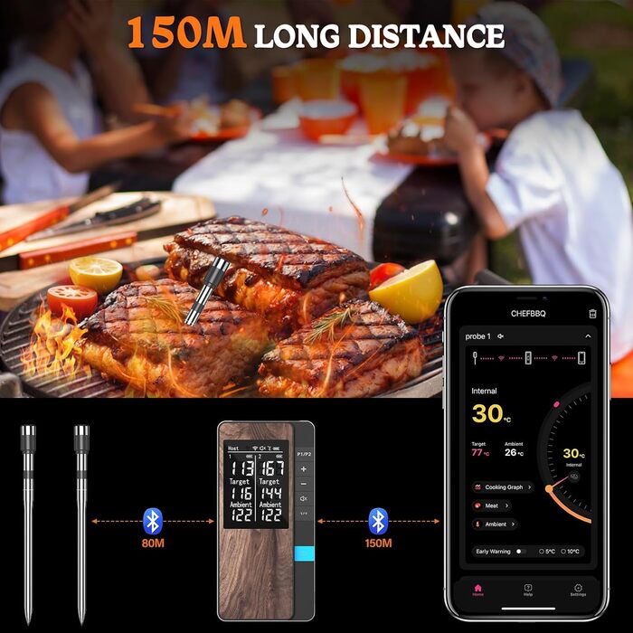 Бездротовий термометр для м'яса Pakinui з двома зондами, Bluetooth, IP67, для гриля, духовки, коптильні