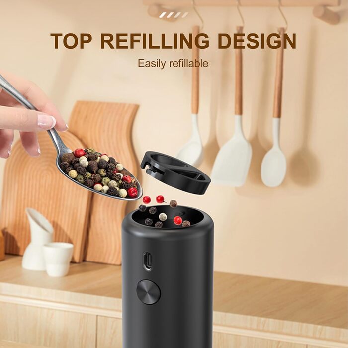 Електричний набір для солі та перцю з зарядною станцією, об'єм 110 мл, перезаряджувана соляна млинка з 5 рівнями, керамічна млинка з щіткою (1 шт, чорний)