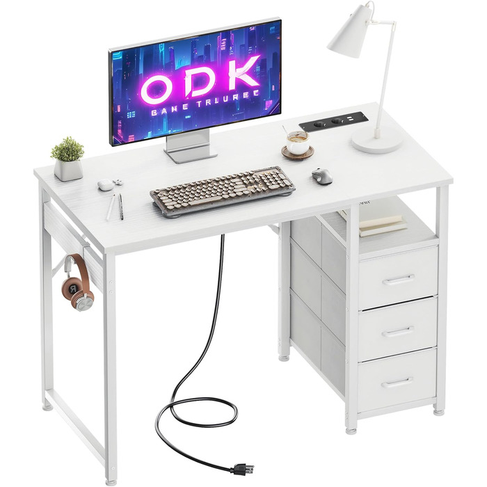 Комп'ютерний стіл ODK з 3 висувними ящиками, 100x48x75.5 см, з розетками та USB, білий. Перевертається, для дому та офісу