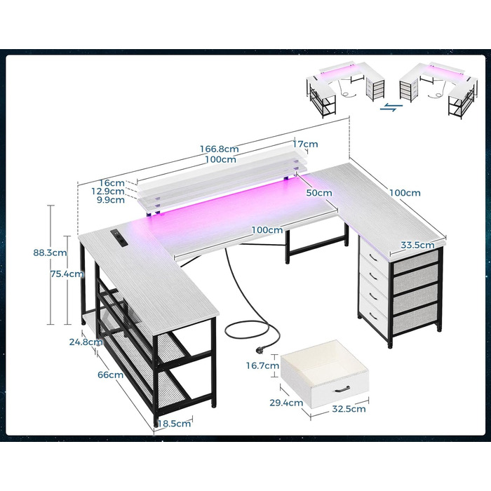 Кутовий стіл ODK з 4 шухлядами, місцем для зберігання, 2 розетками та 2 USB-портами для зарядки, з підсвічуванням LED та підставкою для монітора, 167×102 см, білий