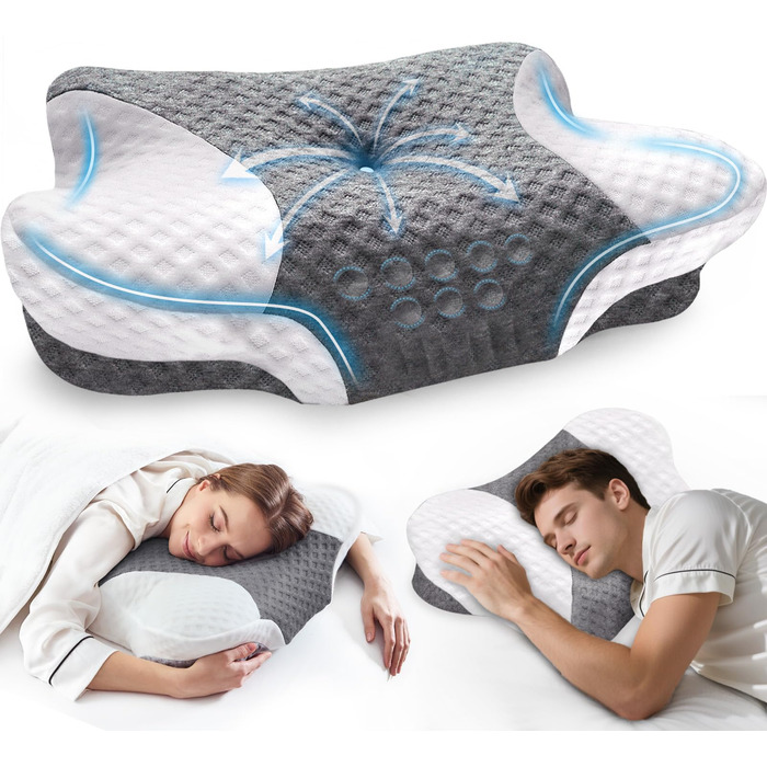 Ортопедична подушка для шиї з Memory Foam - ергономічна подушка для голови проти болю в шиї, регульована за висотою для тих, хто спить на боці, з дихаючим чохлом для здорового сну, білий, 60 x 35 см