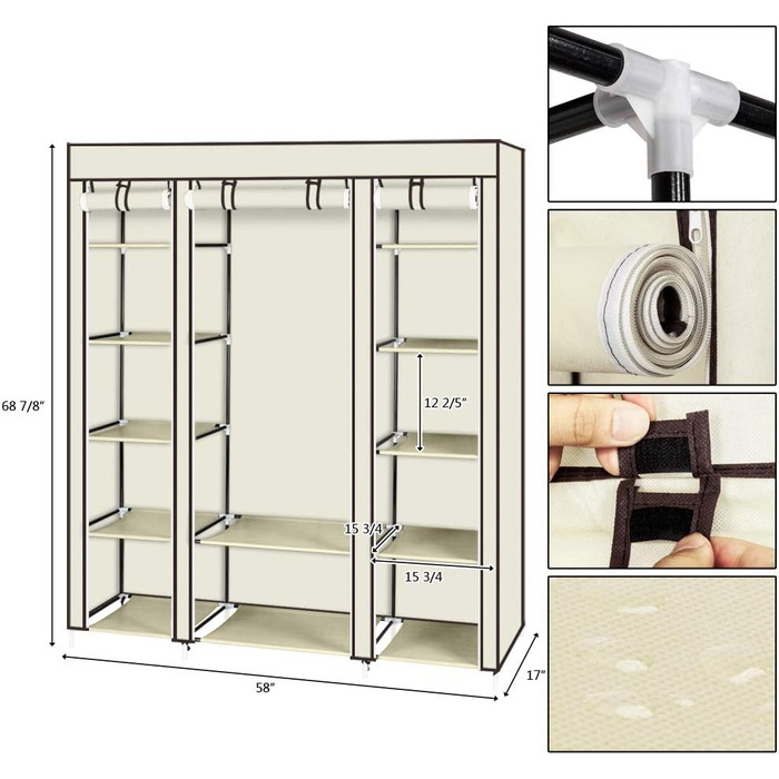 Шафа-купе розкладна з штангою для одягу та полицями, 150x45x175 см, бежева, для спальні/вбиральні