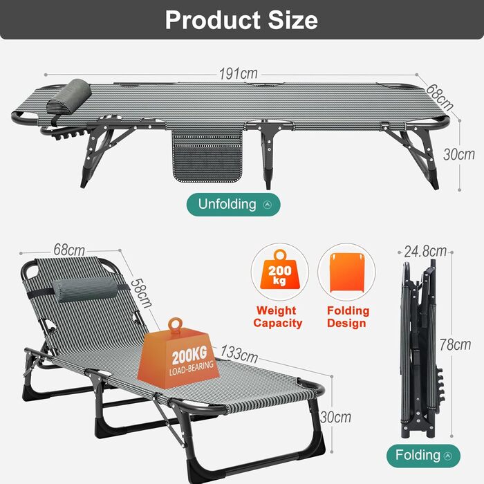Розкладне кемпінгове ліжко з матрацом та кишенями, сталева рама, навантаження до 200 кг, 190x71x36 см, сіро-сланцевий колір — для кемпінгу, саду та офісу