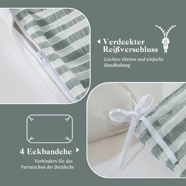 Набір постільної білизни SOULFUL 200x200, бавовна, смугастий дизайн, джакард, екологічна бавовна, бохо стиль, преміум якість, сертифікат Öko-Tex 100, колір деним (темно-зелений & білий), 4-елементний комплект (2x 135*200 см | 2x 80*80 см)