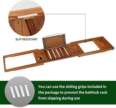 Підставка для ванни VaeFae з текового дерева, регульована, з тримачем для напоїв та книг, висувна, з безкоштовною тековою щіткою для тіла