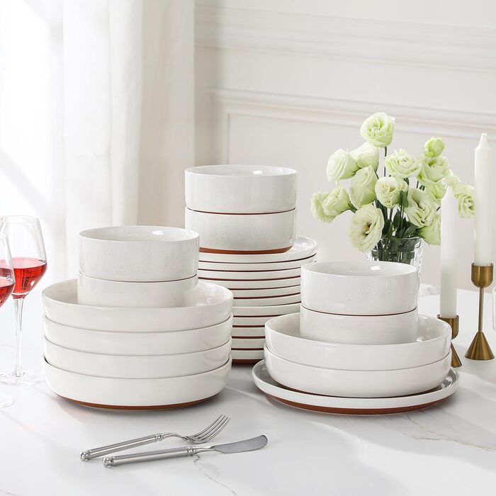 MALACASA Сервіз на 6 осіб (24 предмети) з реактивної глазурі, кераміка, білий з коричневим, для дому та ресторану