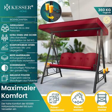 Гойдалка садова KESSER Hollywood з тентом, 3-місна, до 360 кг, бордова, з водостійкими подушками та антиковзними ніжками для вулиці й дому