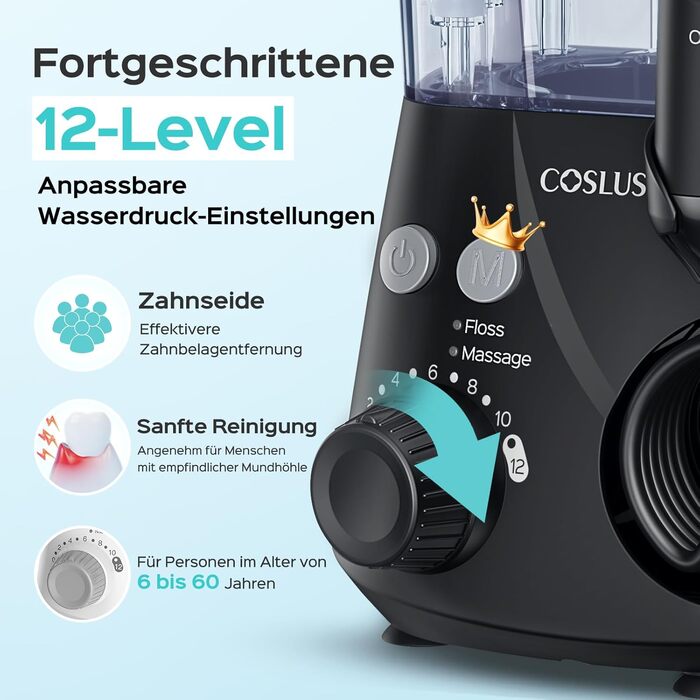 Електрична зубна душ COSLUS Munddusche Professional з 2 режимами та 12 рівнями тиску – 600 мл резервуар для води. Підходить для сімей, ентузіастів орального здоров'я та пацієнтів з ортодонтичними конструкціями. 5 насадок, чорний колір.