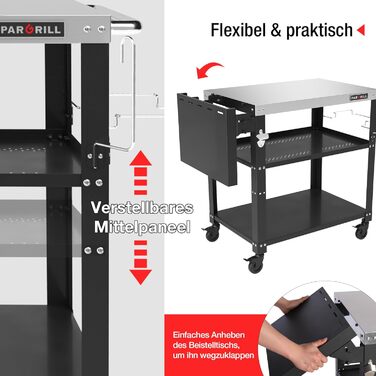 Мобільний сервісний візок для гриля з 3 рівнями, відкидним столиком та поворотними колесами на 360° з гальмом – багатофункціональний гриль-стіл з нержавіючої сталі для барбекю та саду