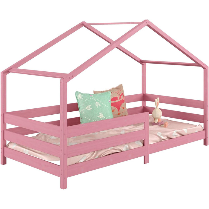 Ліжко для дому IDIMEX RENA з масиву сосни в красивому ліжку Монтессорі із захистом від падіння, стійке дитяче ліжечко 90 х 200 см (рожевий)