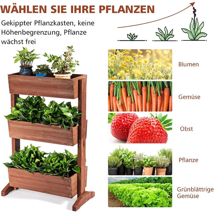Вертикальна грядка COSTWAY з 3 рівнями, 6 контейнерами для квітів, дерев'яний ящик для тераси, балкона або саду 126x90x115 см (коричневий)
