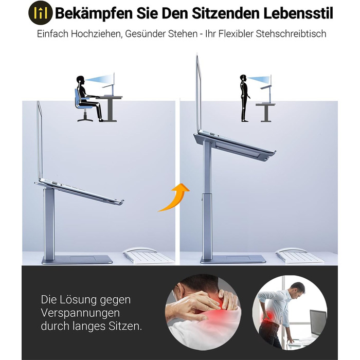 Регульований підставка для ноутбука, стійка для ноутбука на стіл, можливість стоячи, підставка для DJ ноутбука, компактна альтернатива столу, сумісна з MacBook та ноутбуками 13' - 16.5', чорний (сріблястий)