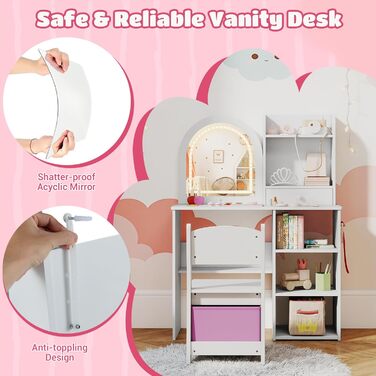 Дитячий туалетний столик LIFEZEAL 2 в 1 з дзеркалом та пуфом, з шухлядою, для дівчаток від 3 років (білий)