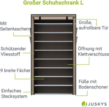 Тумба для взуття Juskys L 9 рівнів, закрита, 45 пар взуття, водовідштовхувальна тканина, вставна система (Велика, світло-коричнева)