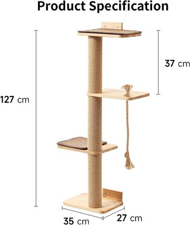 Настінна когтеточка FUKUMARU 127,7 см, котяча лежанка, джутова когтеточка та килимок, дерево каучукового дерева
