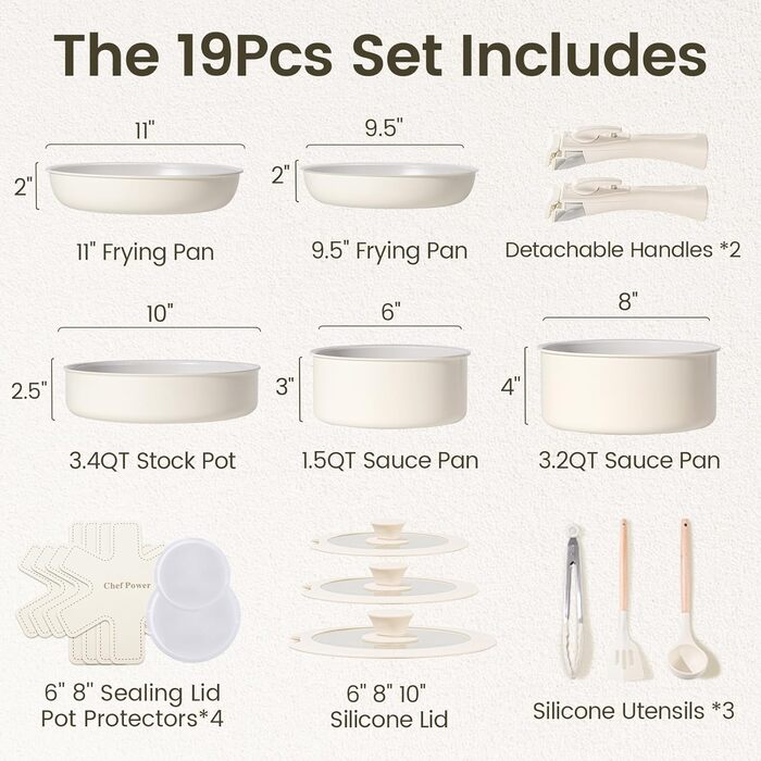 Набір кухонного посуду Chef Power Keramik, 19 частин: сковорідки та каструлі з антипригарним покриттям, без PFOA, PTFE, PFAS, для індукційних плит, сумісний з духовкою, миється в посудомийній машині, кремово-білий (Granite Grey & Cream White)