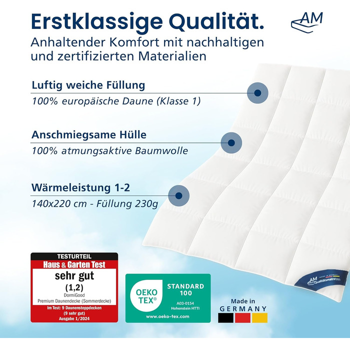 Пухова ковдра DormiGood Daunendecke 35x200, Німеччина, 100% пух, дихаюча, Oeko-TEX, 140x220, літня ковдра