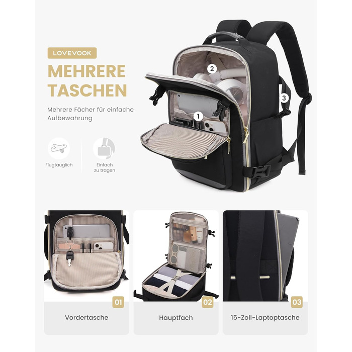 Рюкзак LOVEVOOK для ручної поклажі Ryanair (40x20x25 см), для ноутбука 13.3 дюйма, чорний, підходить для Eurowings, Wizz Air