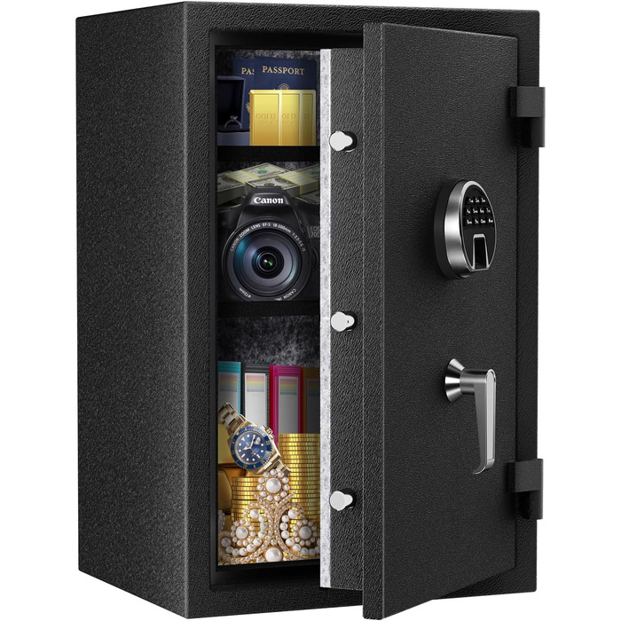 Біометричний вогнестійкий сейф WASJOYE з відбитком пальця, цифровою клавіатурою та зарядкою Type-C, 66L, для дому, офісу, готелю, водонепроникний, для документів та готівки