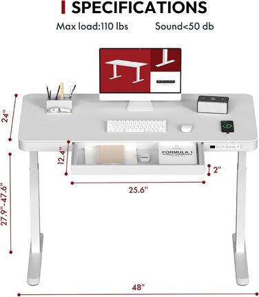 Електричний регульований стіл Sanodesk з ящиком, сенсорним керуванням та USB-портами, 120 x 60 см, білий колір, білий каркас, висота 73.5-118 см