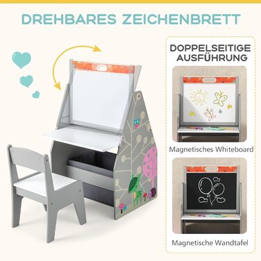 Дитячий набір 3 в 1 Dreamade: стіл, стільчик, книжкова полиця та контейнер, з магнітною дощечкою, сірий