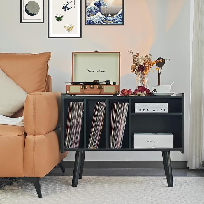 Підставка для програвача з місцем для зберігання вінілових платівок, до 136 кг, велика стійка-шафа для програвача з полицями для альбомів, дерев'яна підставка для вінілу чорного кольору